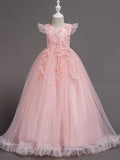 Long A-Line Tulle Jewel Neck Wedding Party Pageant Flower Girl Dresses with S… - photo 1