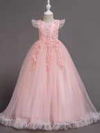 Long A-Line Tulle Jewel Neck Wedding Party Pageant Flower Girl Dresses with S… - photo 1
