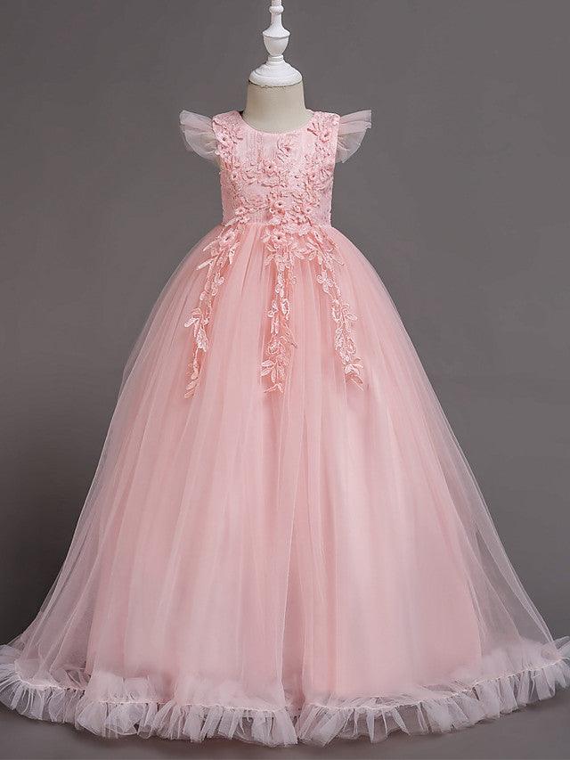 Long A-Line Tulle Jewel Neck Wedding Party Pageant Flower Girl Dresses with S… - photo 1