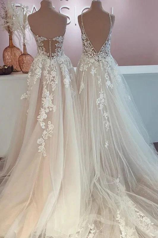 Long A-Line Tulle Lace Appliques Backless Wedding Dress by BIZTUNNEL