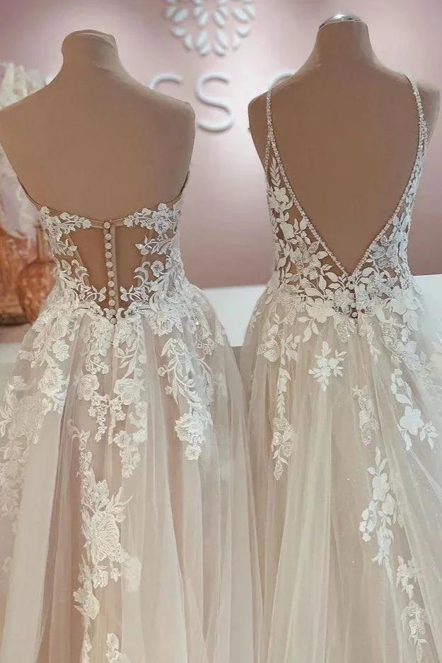 Long A-Line Tulle Lace Appliques Backless Wedding Dress by BIZTUNNEL