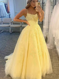 Long A-line Tulle Lace Backless Formal Graduation Prom Dresses by BIZTUNNEL