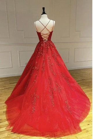 Vestido de fiesta largo de tul con encaje y espalda descubierta con cordones