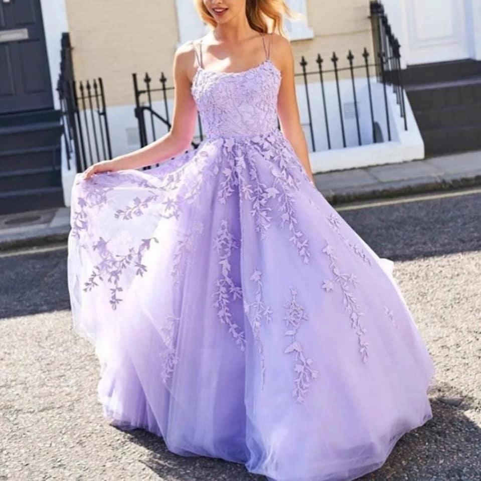 Long A-line Tulle Lace Backless Lace-up Prom Dress by BIZTUNNEL