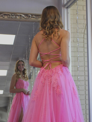 Long A-line Tulle Lace Backless Prom Dress with Slit Pink Formal Evening Gowns