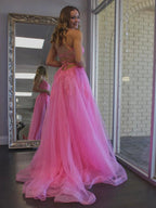 Long A-line Tulle Lace Backless Prom Dress with Slit Pink Formal Evening Gowns by BIZTUNNEL