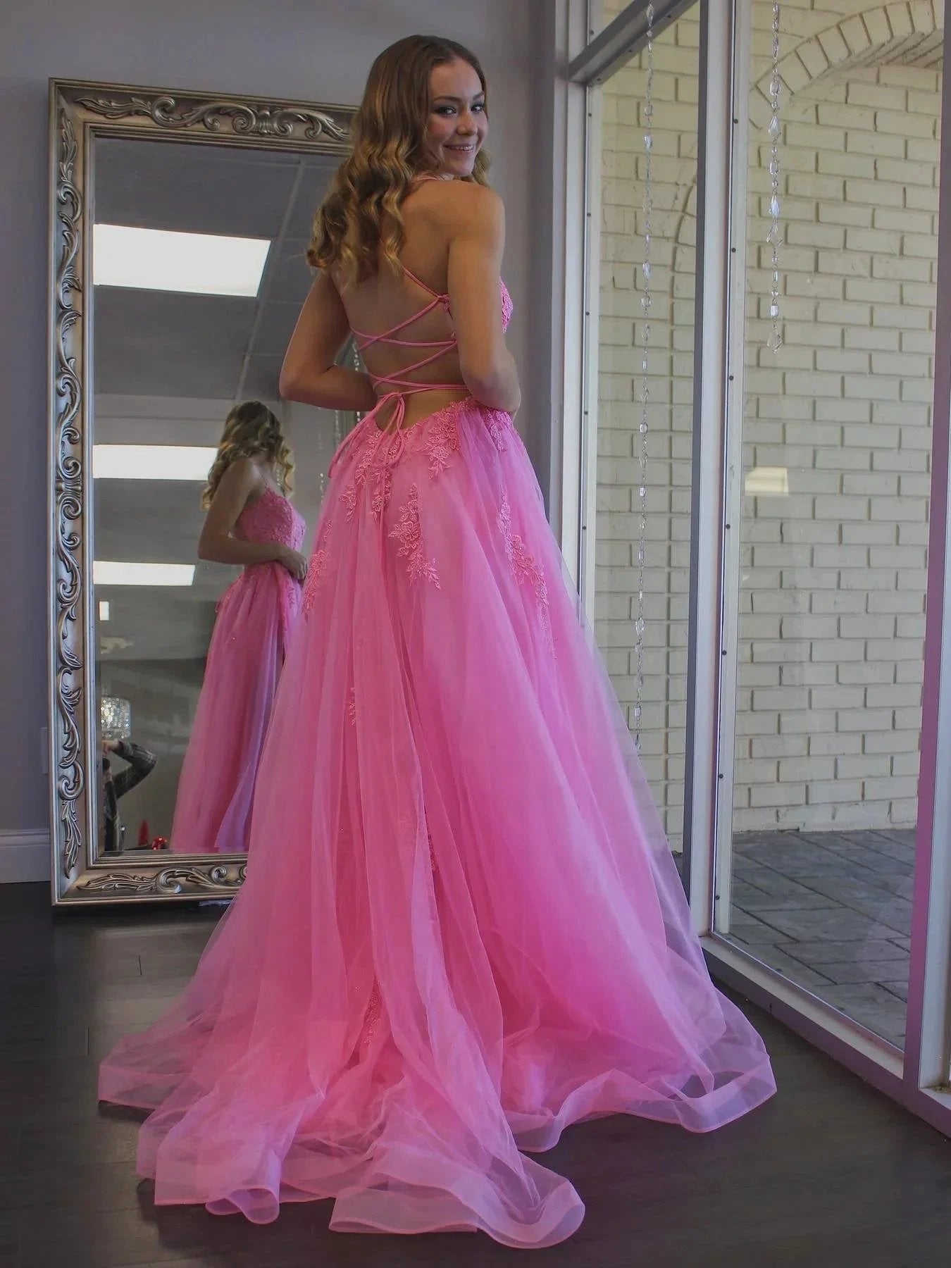 Long A-line Tulle Lace Backless Prom Dress with Slit Pink Formal Evening Gowns by BIZTUNNEL
