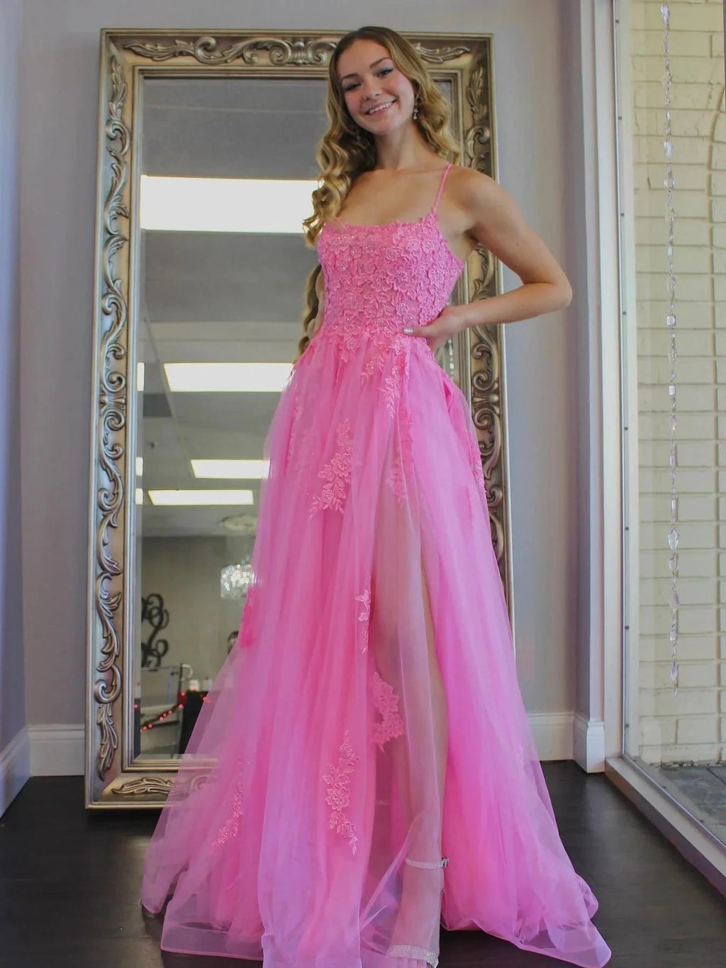Long A-line Tulle Lace Backless Prom Dress with Slit Pink Formal Evening Gowns by BIZTUNNEL
