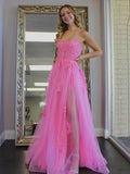 Long A-line Tulle Lace Backless Prom Dress with Slit Pink Formal Evening Gowns by BIZTUNNEL