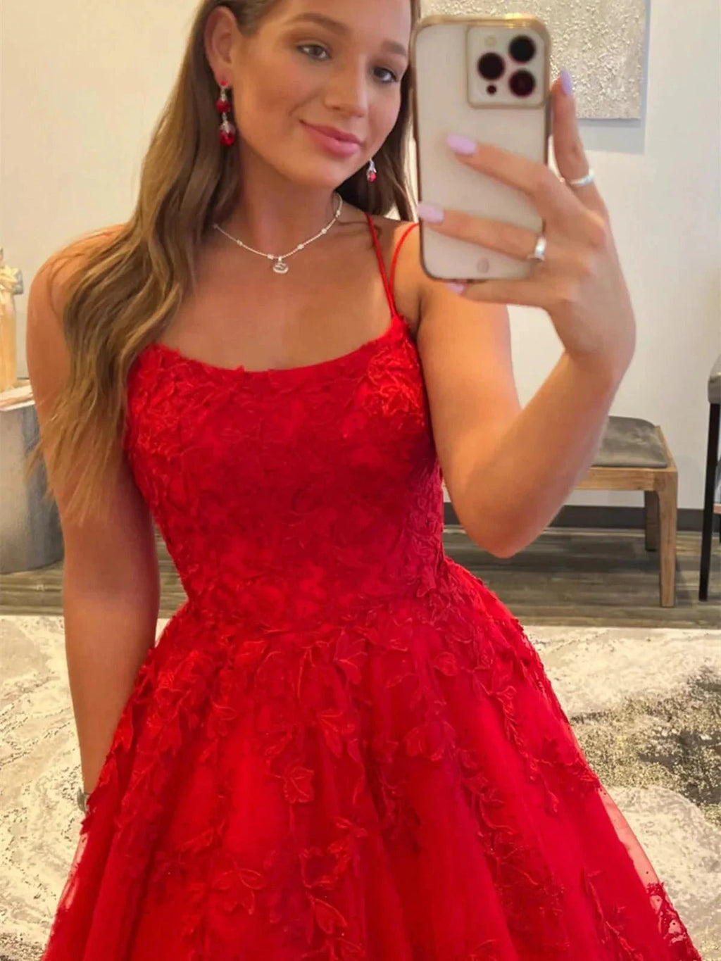 Long A-line Tulle Lace Backless Prom Dresses Red Formal Evening Dresses by BIZTUNNEL