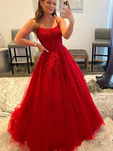 Long A-line Tulle Lace Backless Prom Dresses Red Formal Evening Dresses