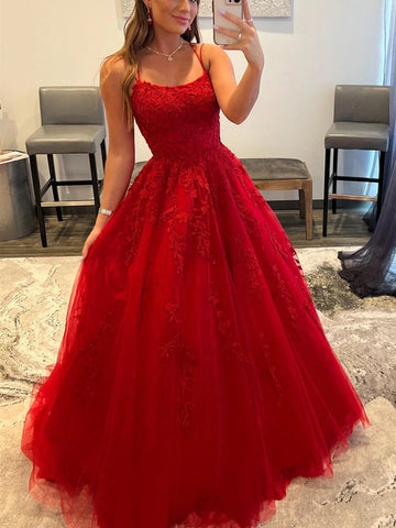 Long A-line Tulle Lace Backless Prom Dresses Red Formal Evening Dresses