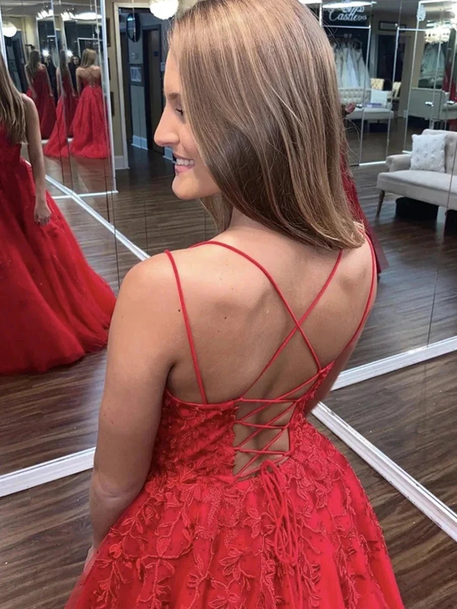 Long A-line Tulle Lace Open Back Formal Graduation Prom Dress by BIZTUNNEL