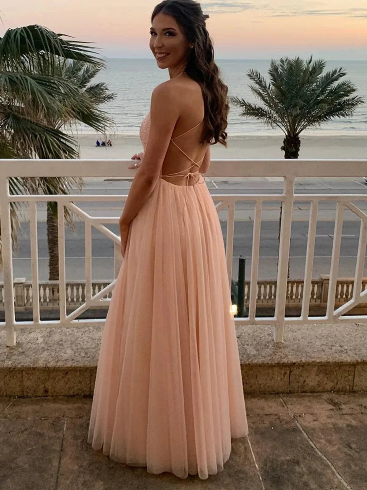 Long A-line Tulle Lace Open Back Formal Prom Dresses by BIZTUNNEL
