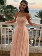 Long A-line Tulle Lace Open Back Formal Prom Dresses by BIZTUNNEL