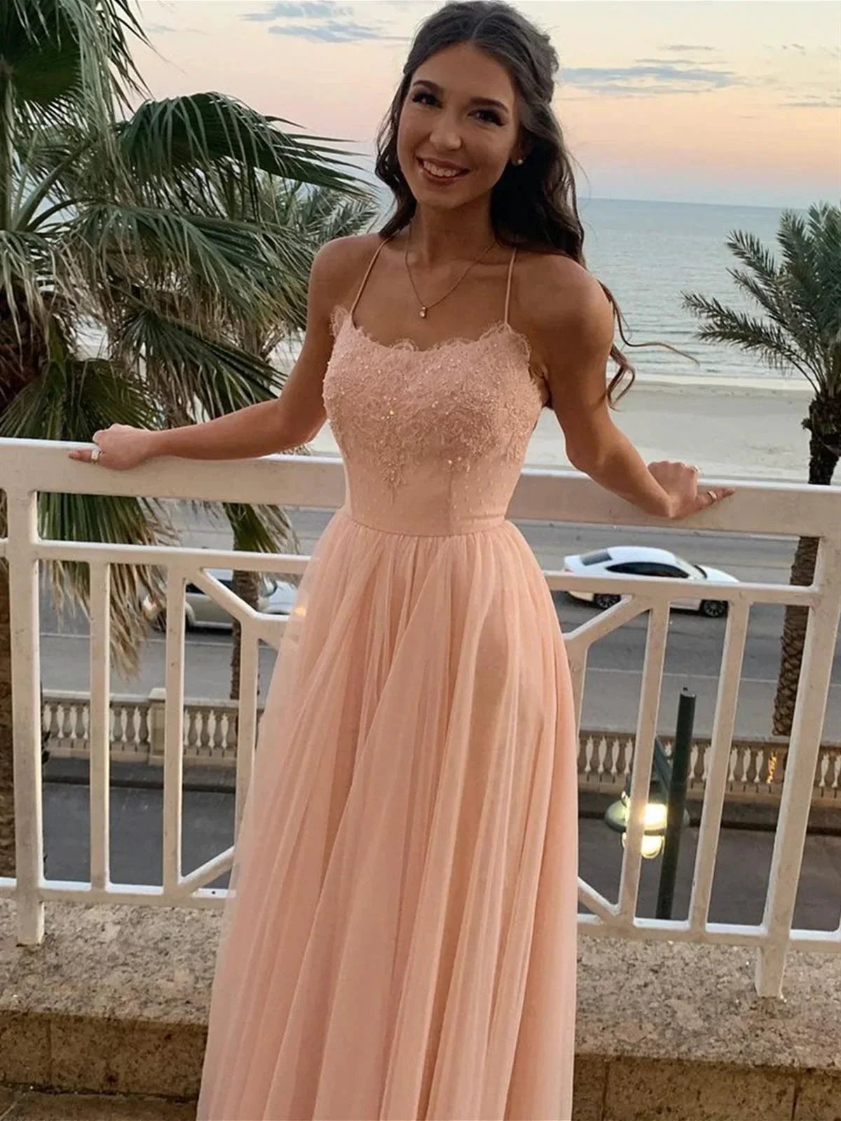 Long A-line Tulle Lace Open Back Formal Prom Dresses by BIZTUNNEL