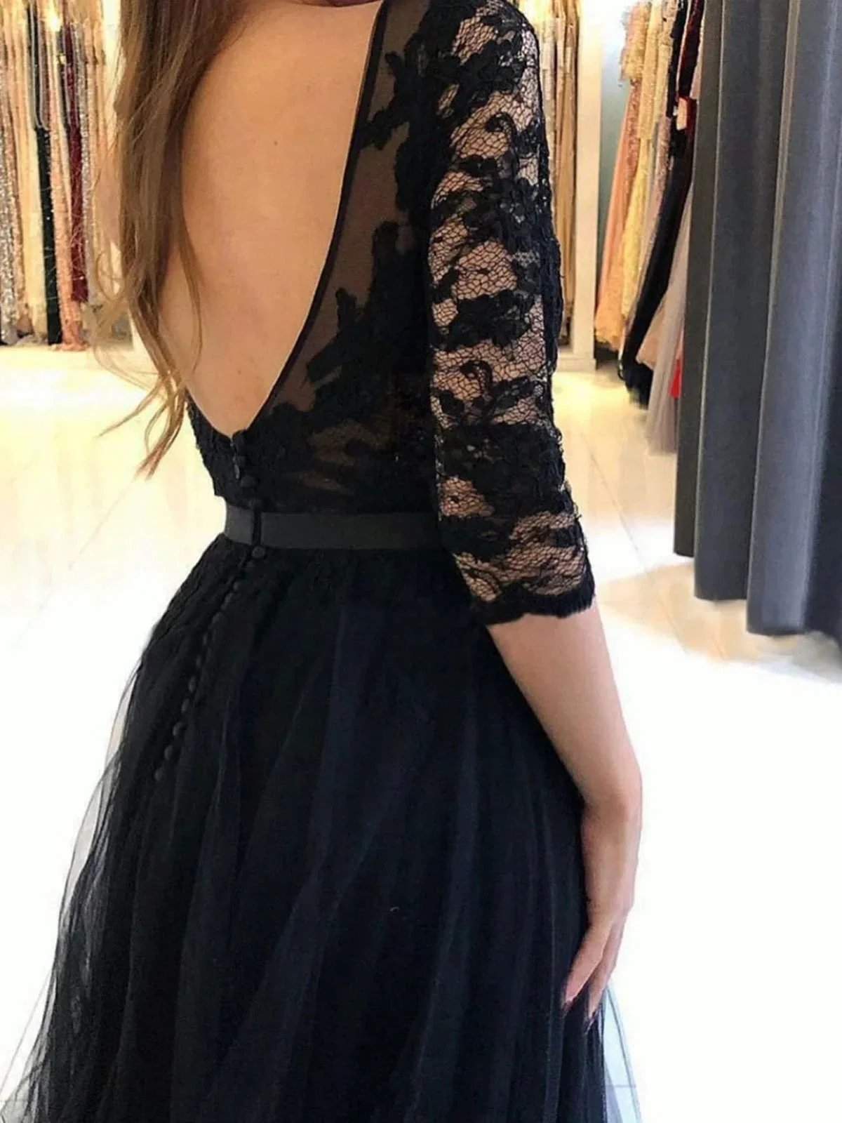 Long A-line Tulle Lace Open Back Front Slit Formal Prom Dresses with Half Sleeves by BIZTUNNEL