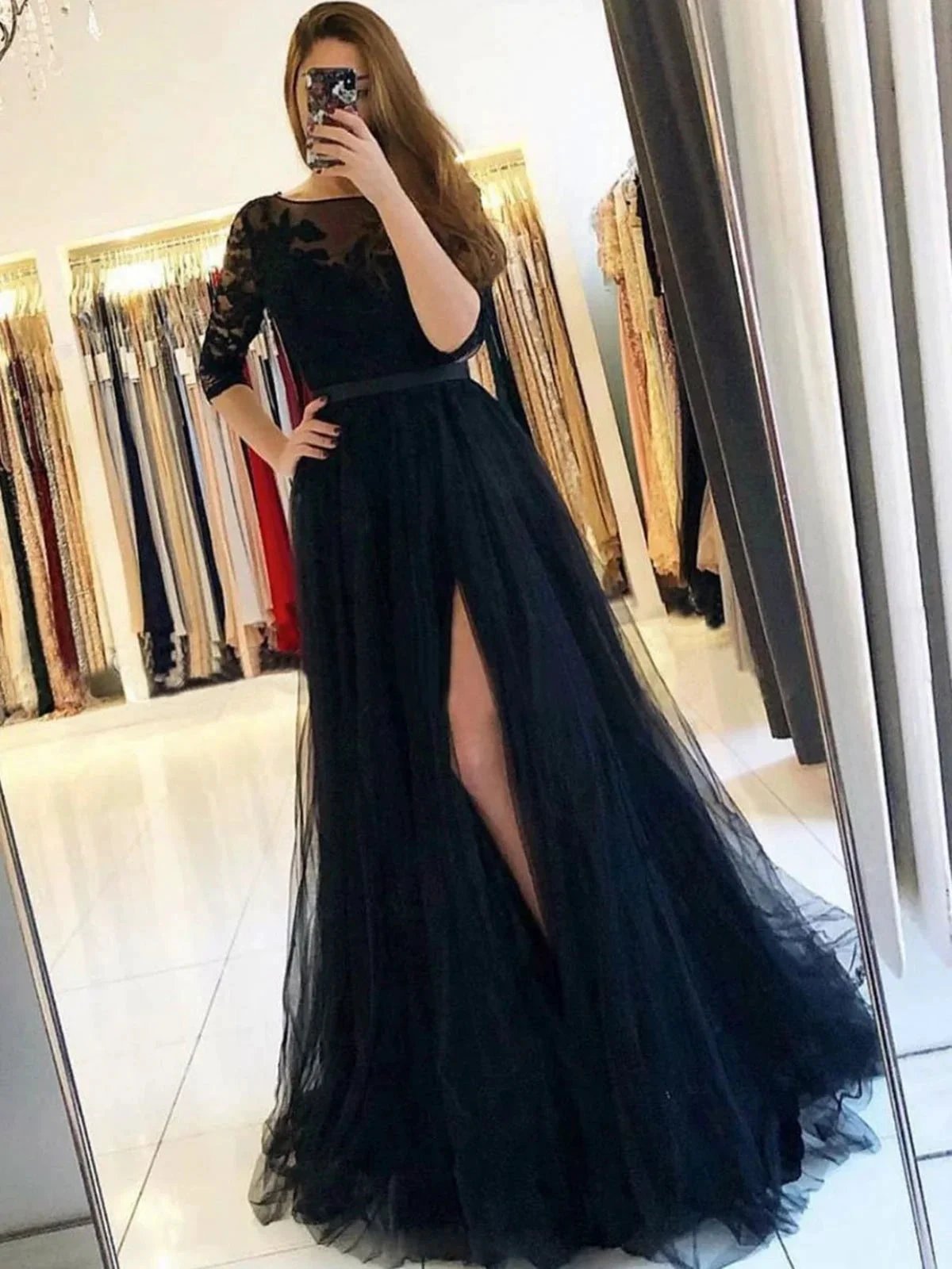 Long A-line Tulle Lace Open Back Front Slit Formal Prom Dresses with Half Sleeves by BIZTUNNEL