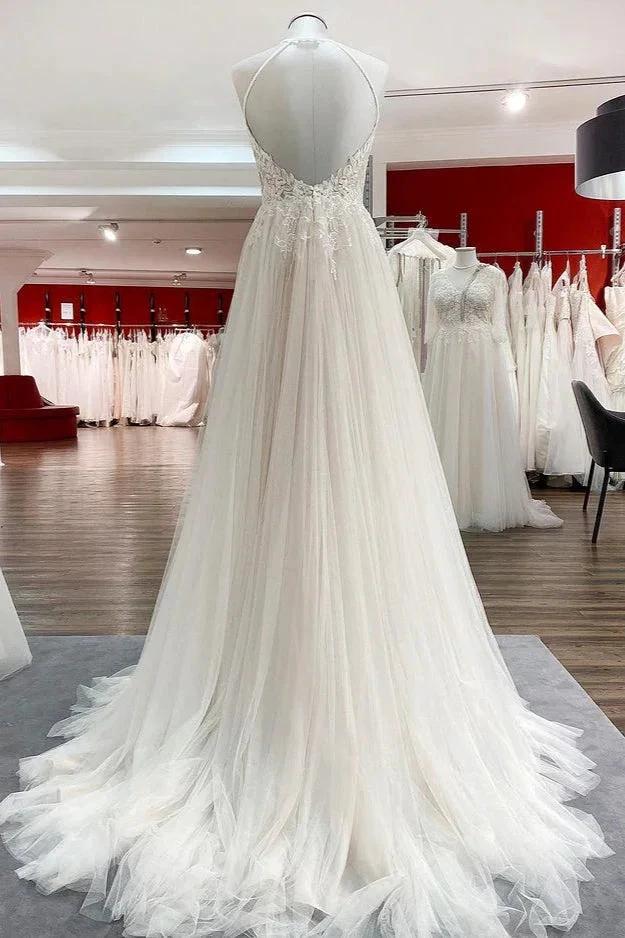 Long A-line Tulle Open Back Halter Sleeveless Lace Wedding Dresses by BIZTUNNEL