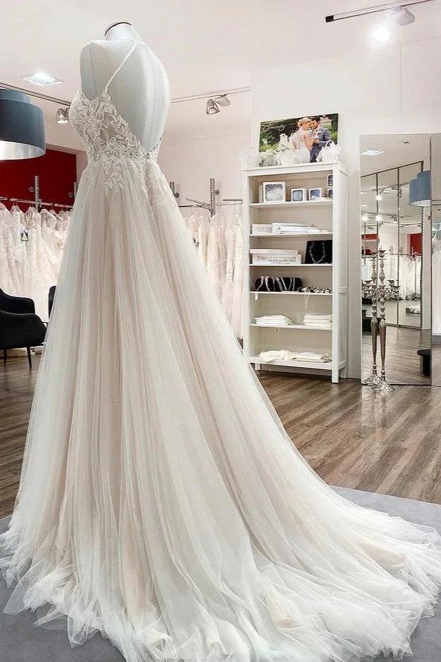 Long A-line Tulle Open Back Halter Sleeveless Lace Wedding Dresses by BIZTUNNEL