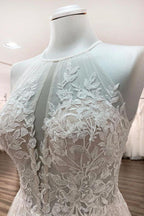 Long A-line Tulle Open Back Halter Sleeveless Lace Wedding Dresses by BIZTUNNEL