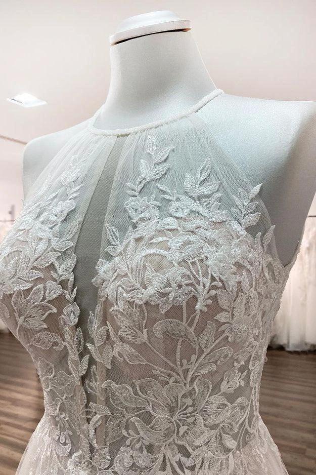 Long A-line Tulle Open Back Halter Sleeveless Lace Wedding Dresses by BIZTUNNEL