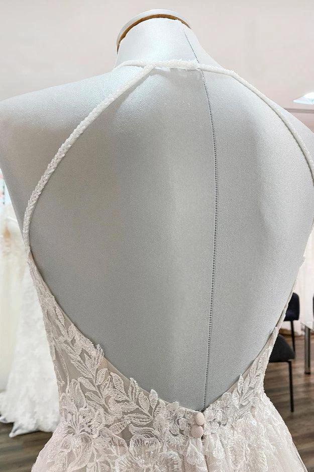 Long A-line Tulle Open Back Halter Sleeveless Lace Wedding Dresses by BIZTUNNEL