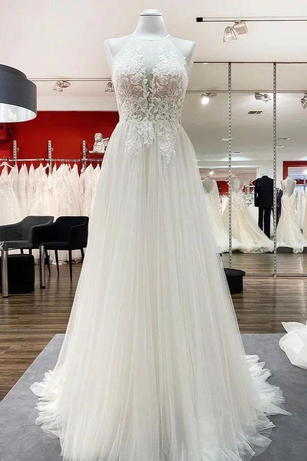 Long A-line Tulle Open Back Halter Sleeveless Lace Wedding Dresses by BIZTUNNEL