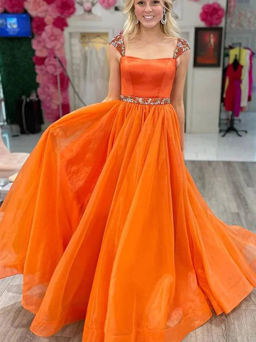 Long A-line Tulle Prom Dress with Cap Sleeves Orange Formal Graduation Evening Dresses by BIZTUNNEL