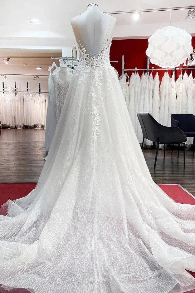 Long A-line Tulle Sleevless Ruffles Jewel Wedding Dress With Lace Appliques by BIZTUNNEL