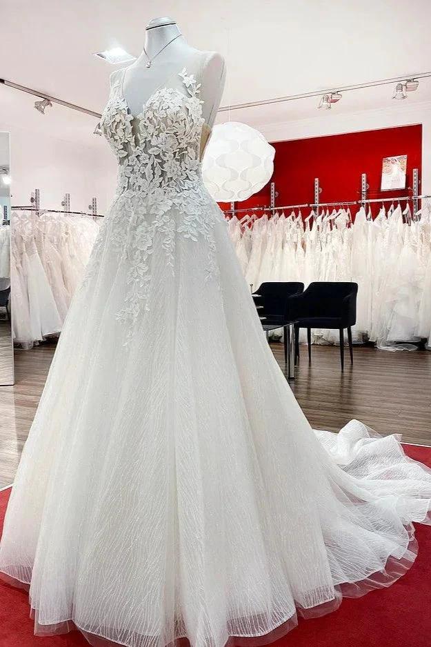 Long A-line Tulle Sleevless Ruffles Jewel Wedding Dress With Lace Appliques by BIZTUNNEL