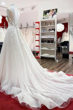Long A-line Tulle Sleevless Ruffles Jewel Wedding Dress With Lace Appliques by BIZTUNNEL