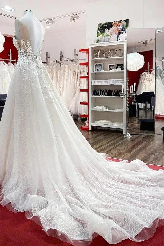 Long A-line Tulle Sleevless Ruffles Jewel Wedding Dress With Lace Appliques by BIZTUNNEL