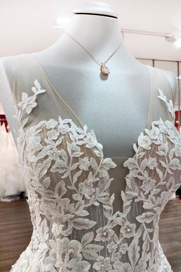 Long A-line Tulle Sleevless Ruffles Jewel Wedding Dress With Lace Appliques by BIZTUNNEL