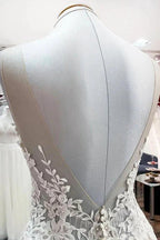 Long A-line Tulle Sleevless Ruffles Jewel Wedding Dress With Lace Appliques by BIZTUNNEL