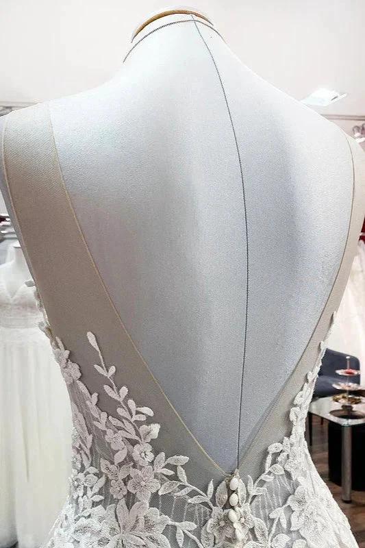 Long A-line Tulle Sleevless Ruffles Jewel Wedding Dress With Lace Appliques by BIZTUNNEL