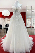 Long A-line Tulle Sleevless Ruffles Jewel Wedding Dress With Lace Appliques by BIZTUNNEL