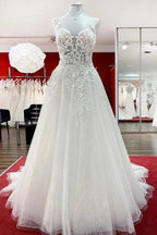 Long A-line Tulle Sleevless Ruffles Jewel Wedding Dress With Lace Appliques by BIZTUNNEL