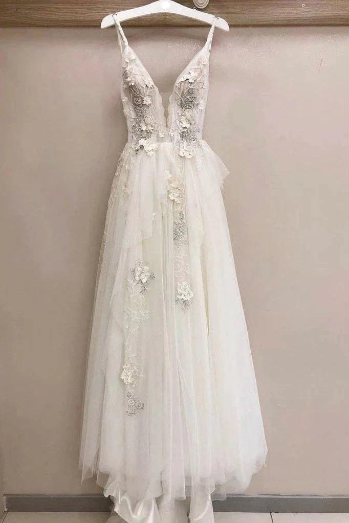 Long A-line Tulle V Neck Lace Applique Wedding Dress by BIZTUNNEL