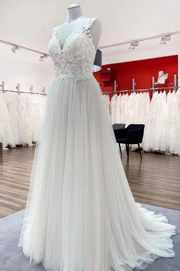 Long A-line Tulle V Neck Open Back Appliques Lace Wedding Dress by BIZTUNNEL