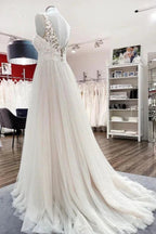 Long A-line Tulle V Neck Open Back Appliques Lace Wedding Dress by BIZTUNNEL