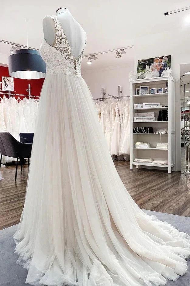Long A-line Tulle V Neck Open Back Appliques Lace Wedding Dress by BIZTUNNEL