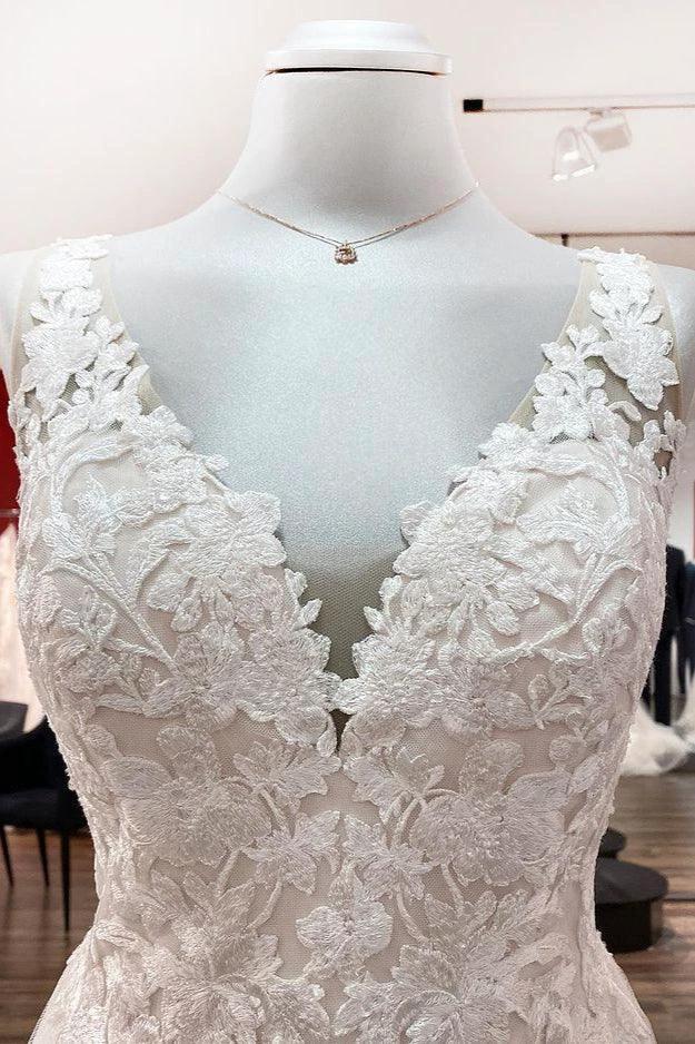 Long A-line Tulle V Neck Open Back Appliques Lace Wedding Dress by BIZTUNNEL