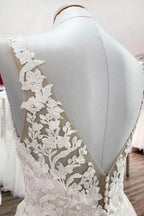 Long A-line Tulle V Neck Open Back Appliques Lace Wedding Dress by BIZTUNNEL
