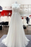 Long A-line Tulle V Neck Open Back Appliques Lace Wedding Dress by BIZTUNNEL