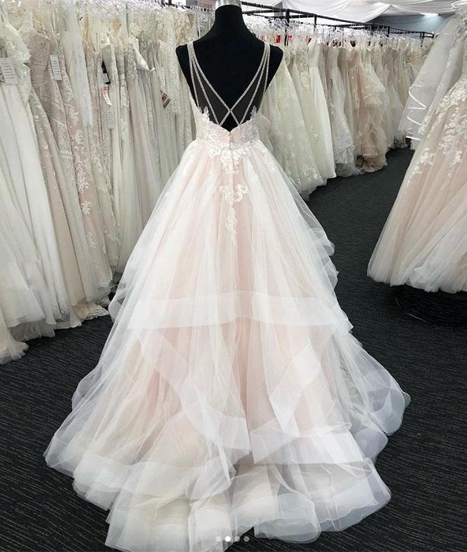 Long A-line Tulle V Neck Open Back Layered Wedding Dress by BIZTUNNEL