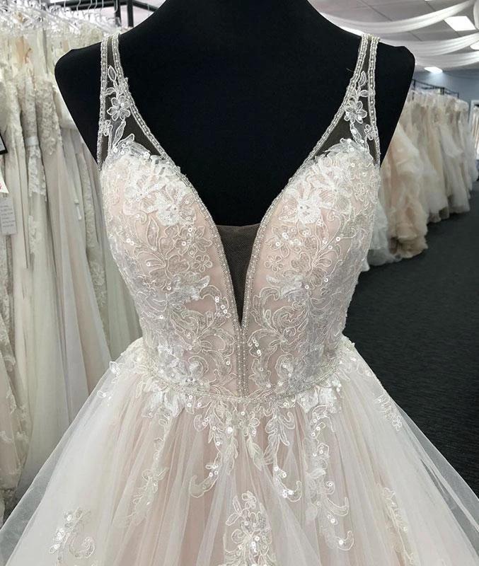 Long A-line Tulle V Neck Open Back Layered Wedding Dress by BIZTUNNEL