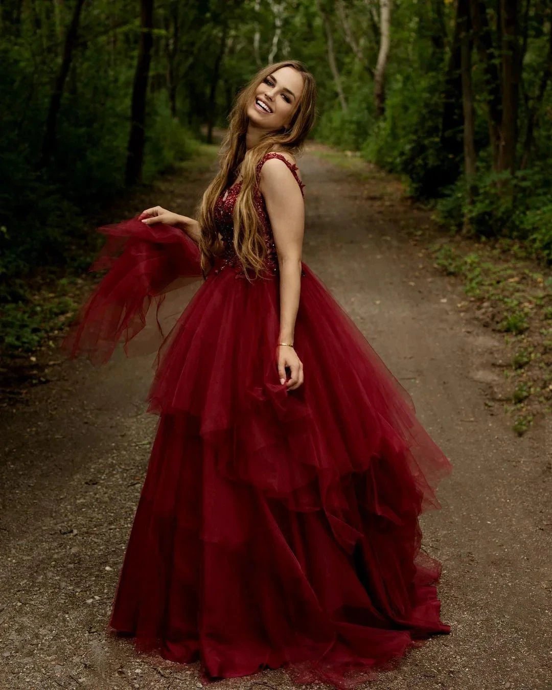 Long A-line V-neck Appliques Lace Backless Tulle Prom Dress by BIZTUNNEL