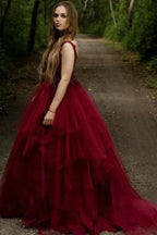Long A-line V-neck Appliques Lace Backless Tulle Prom Dress by BIZTUNNEL