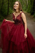 Long A-line V-neck Appliques Lace Backless Tulle Prom Dress by BIZTUNNEL